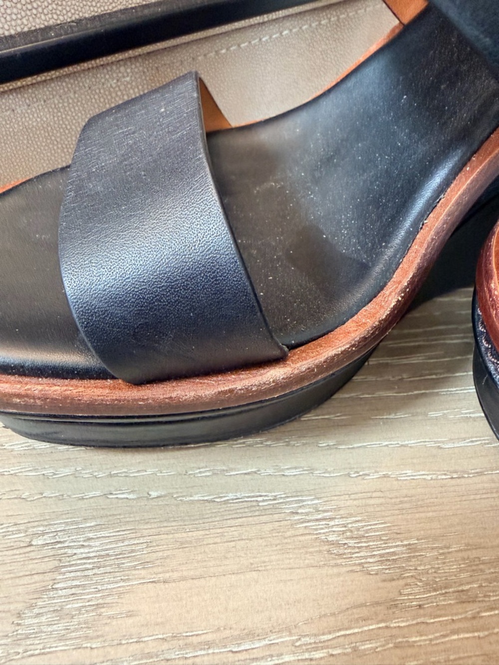 Tory Burch Selby Black Wedge Sandals with Brown Trim and Gold Buckle - Picture 6 of 6